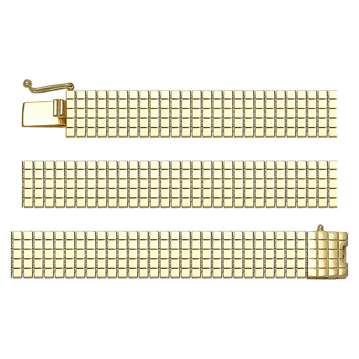 Solid gold brick link bracelet, 14.70 g — shown in three rows across the frame.