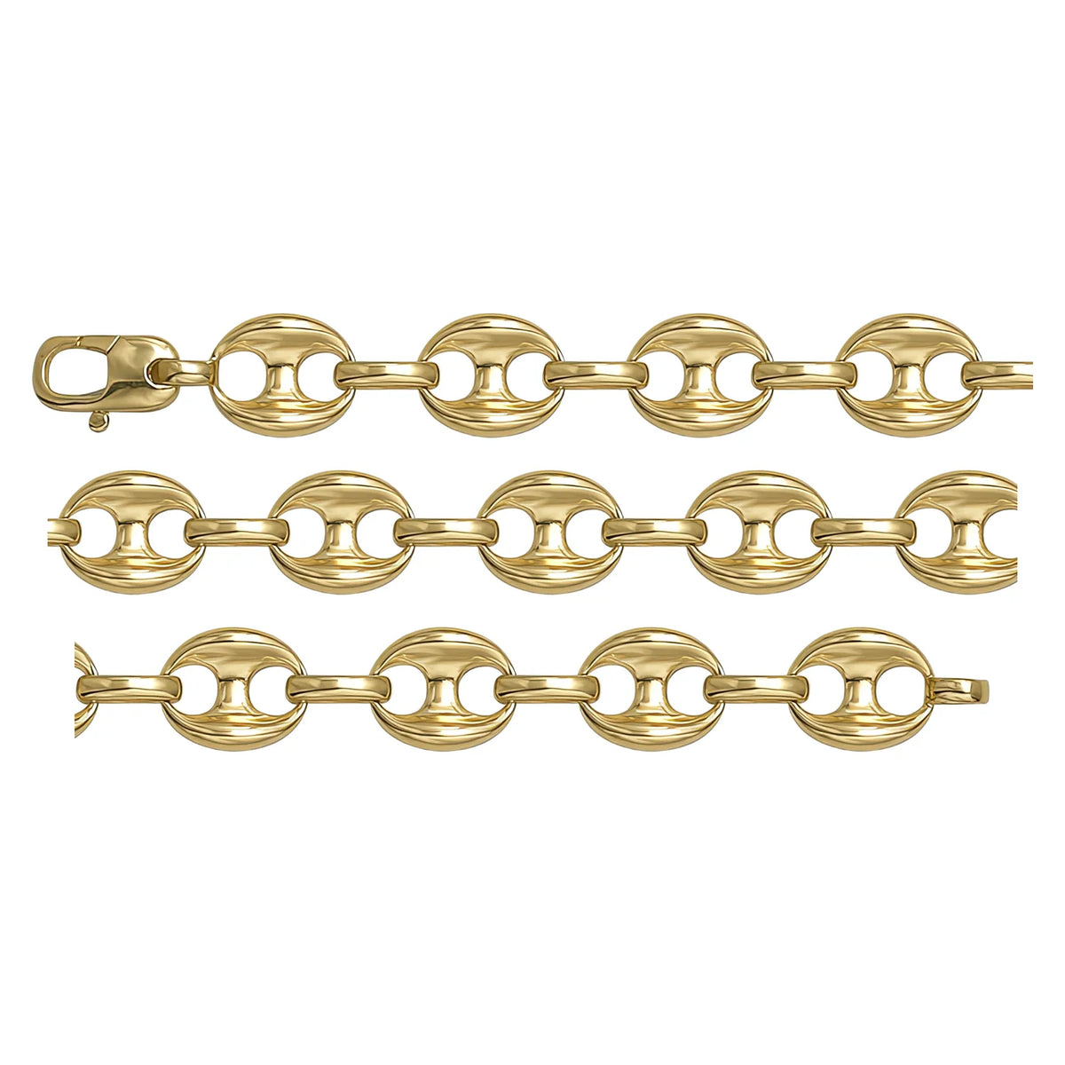 Solid gold mariner bracelet, 6.80 g — shown in three rows across the frame.