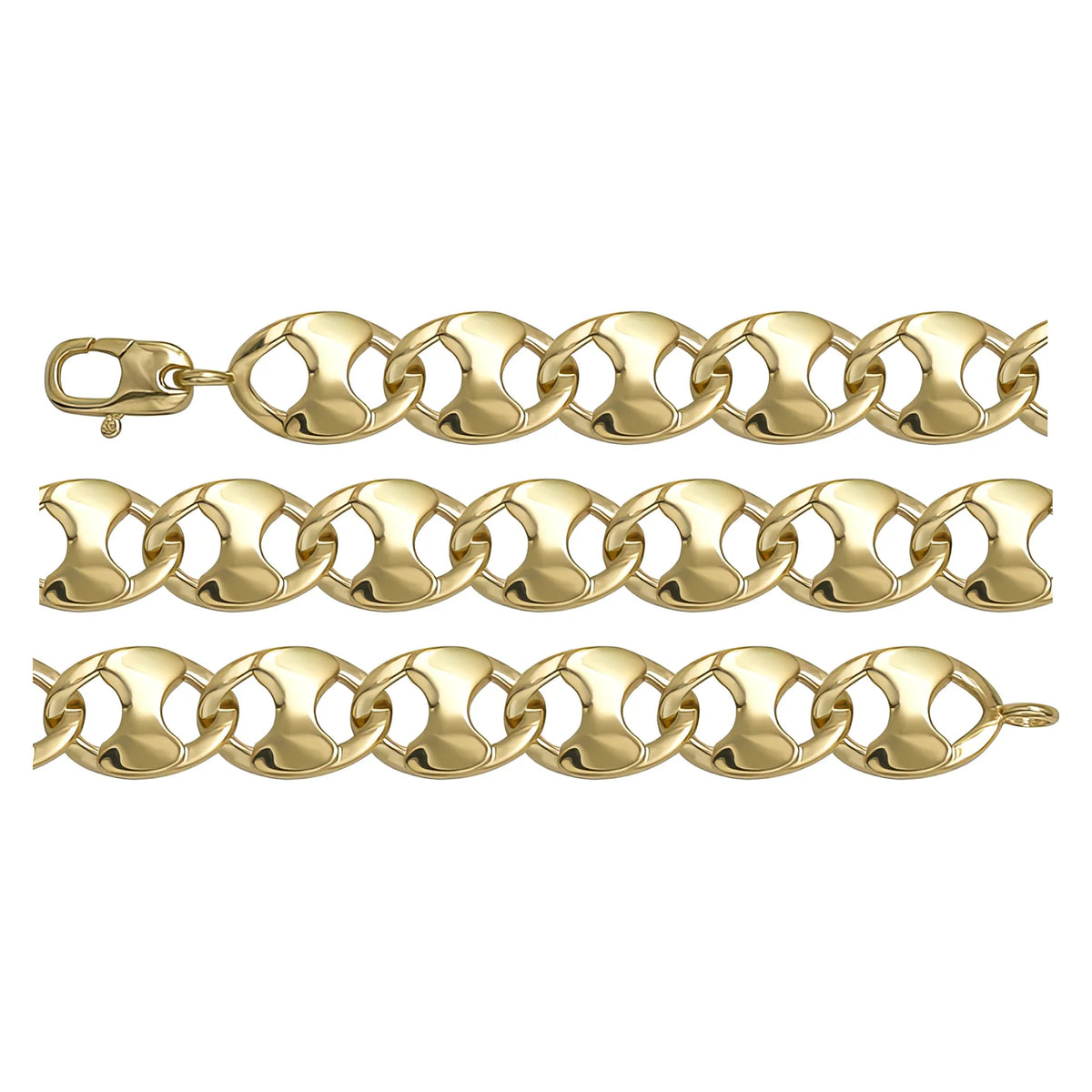 Solid gold mariner bracelet, 10.90 g — shown in three rows across the frame.