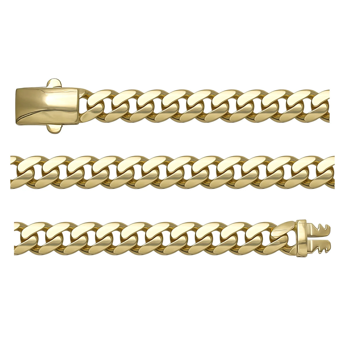 Solid gold curb bracelet, 9.68 g — shown in three rows across the frame.