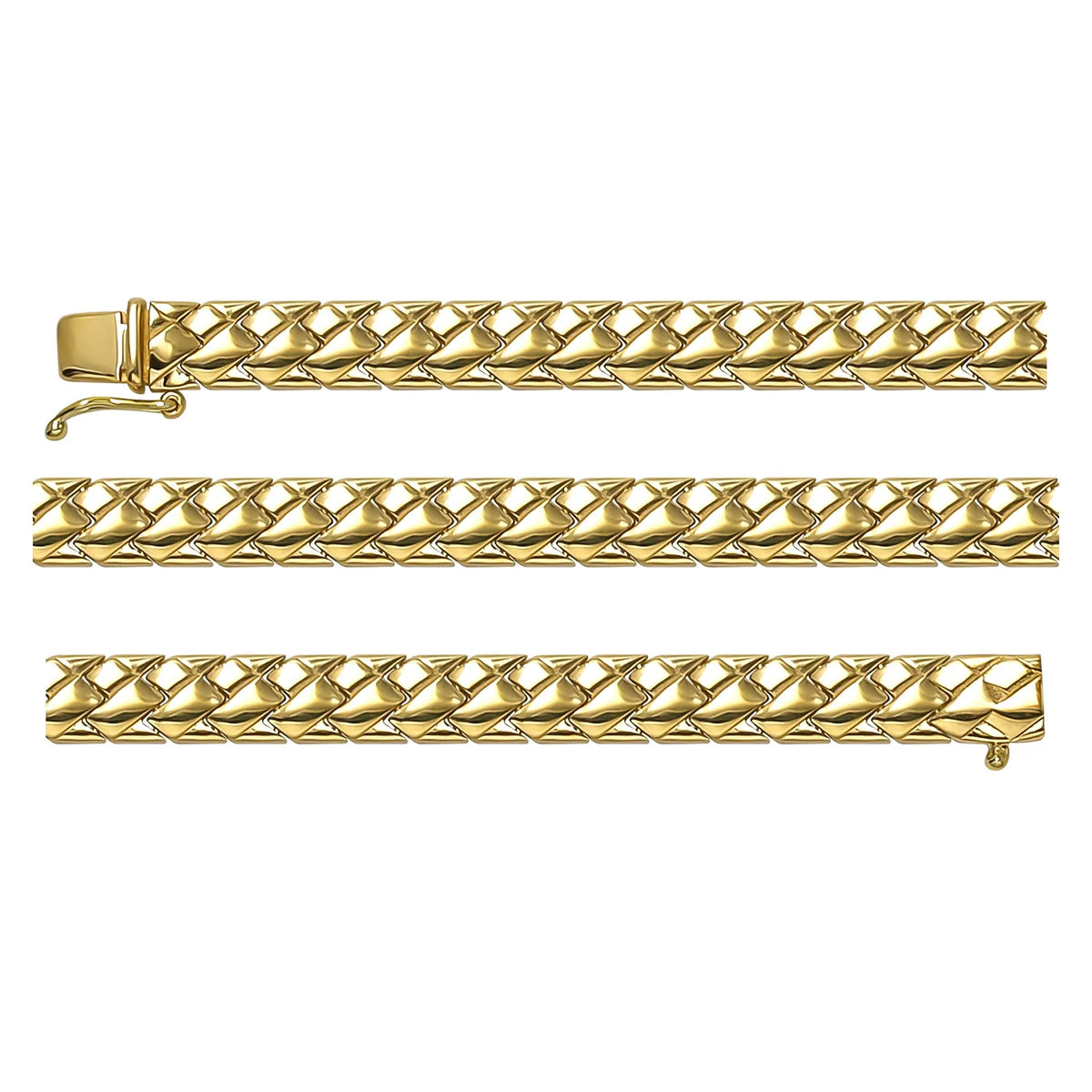 Solid gold herringbone bracelet, 8.65 g — shown in three rows across the frame.