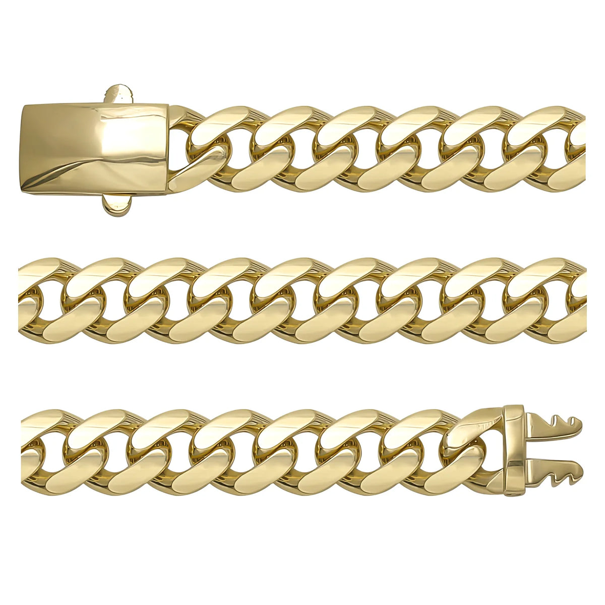 Solid gold curb bracelet, 16.26 g — shown in three rows across the frame.