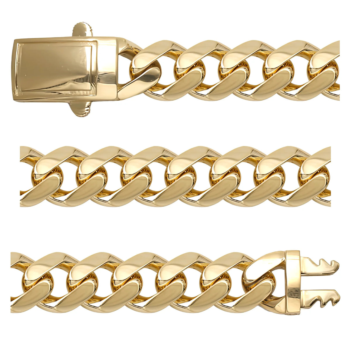Solid gold curb bracelet, 22.11 g — shown in three rows across the frame.