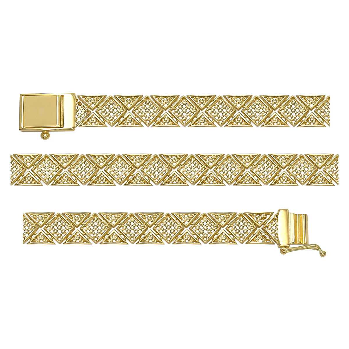 Solid gold braided bracelet, 10.50 g — shown in three rows across the frame.