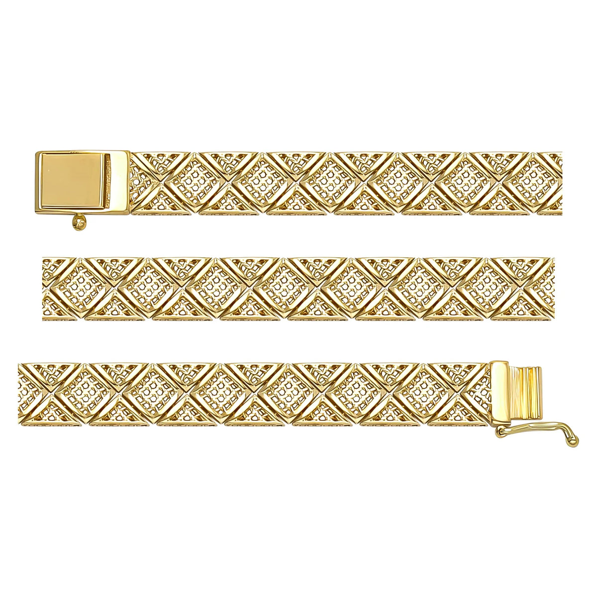 Solid gold braided bracelet, 15.10 g — shown in three rows across the frame.