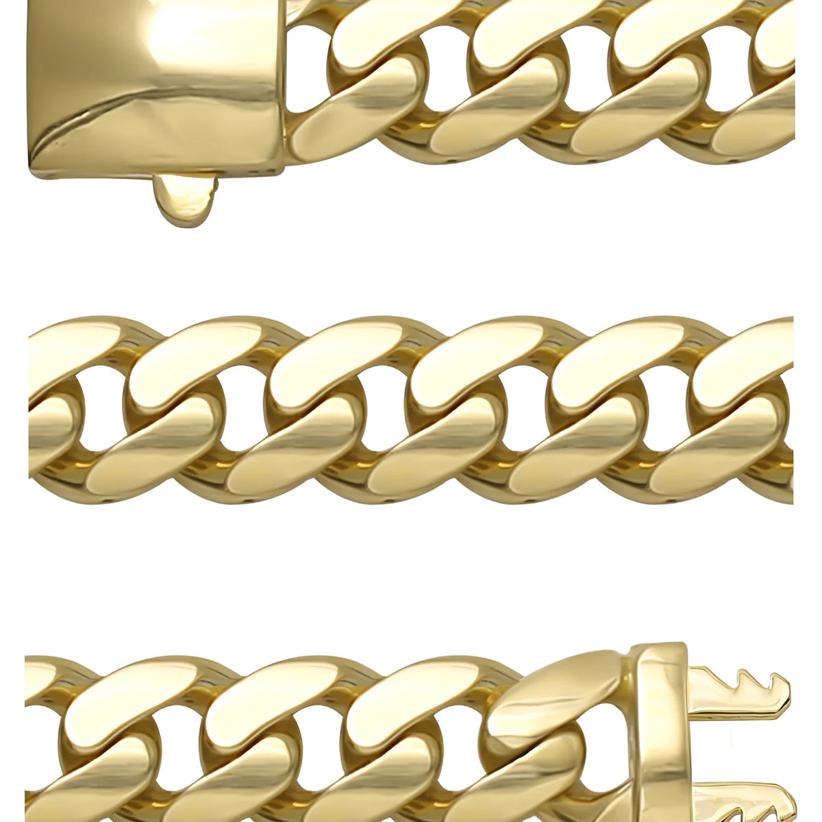 Solid gold curb bracelet, 32.20 g — shown in three rows across the frame.