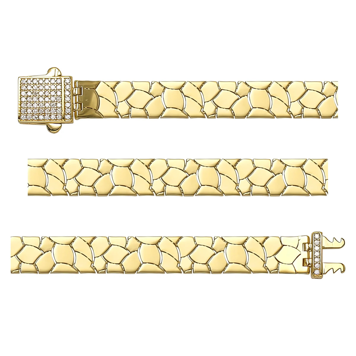 Solid gold fancy link bracelet, 11.30 g — shown in three rows across the frame.