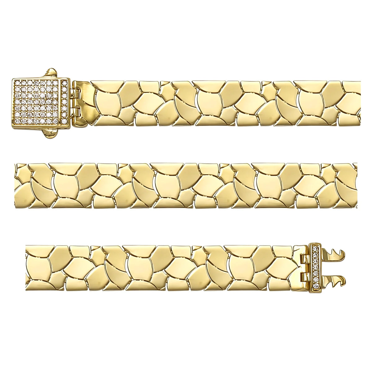 Solid gold fancy link bracelet, 11.90 g — shown in three rows across the frame.