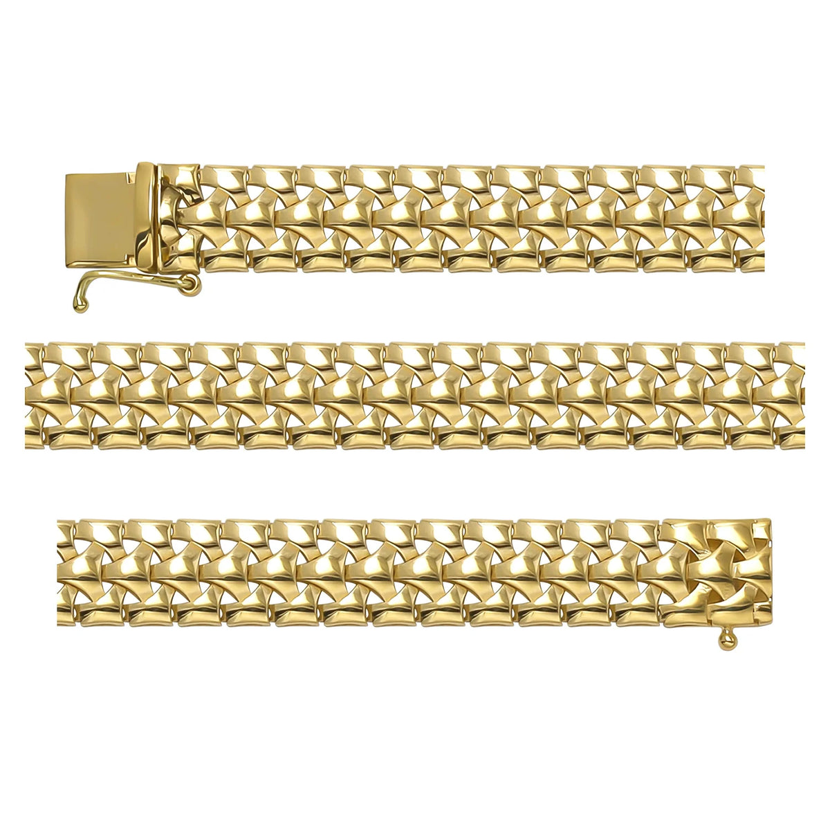 Solid gold braided bracelet, 13.65 g — shown in three rows across the frame.