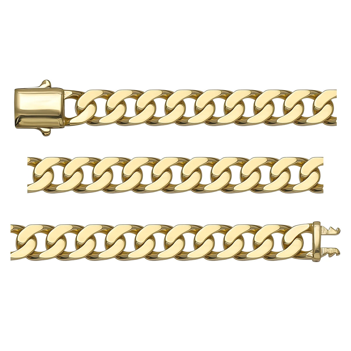 Solid gold curb bracelet, 12.80 g — shown in three rows across the frame.