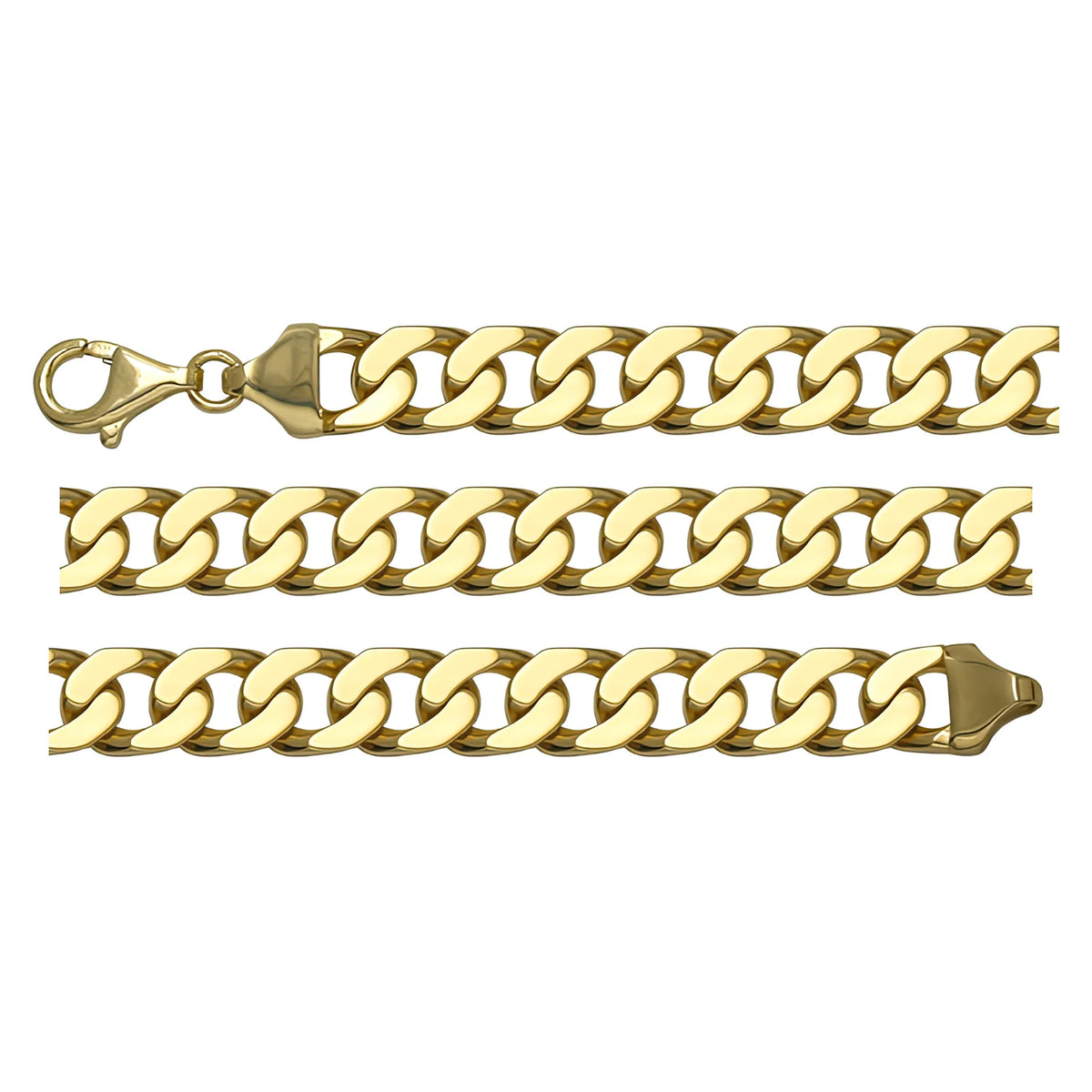 Solid gold curb bracelet, 10.90 g — shown in three rows across the frame.