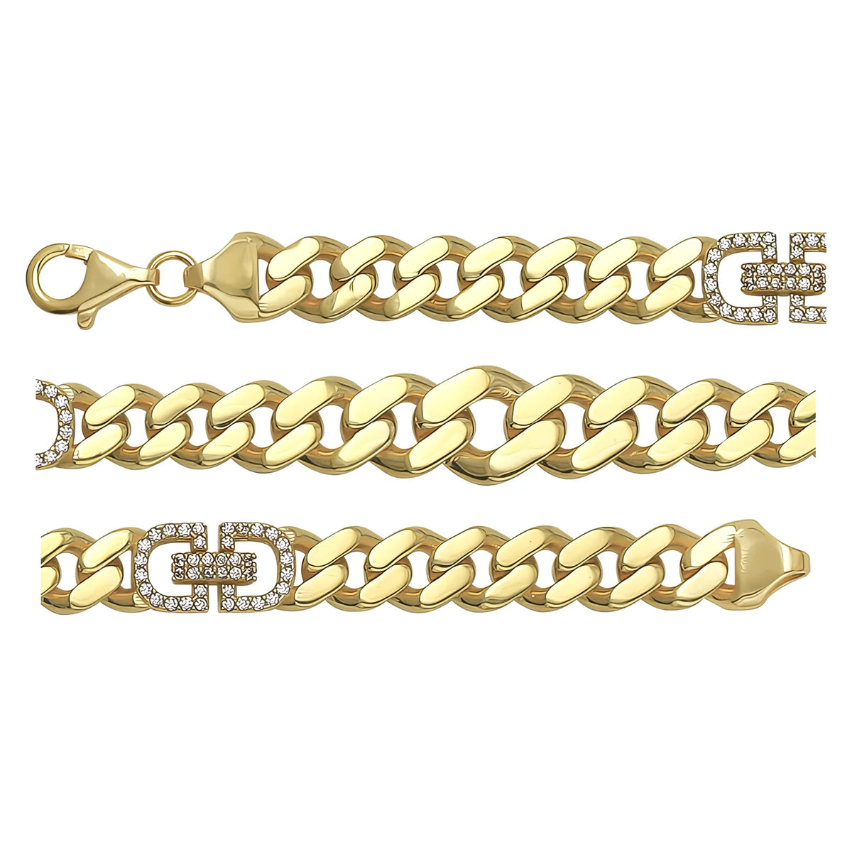 Solid gold curb bracelet, 13.85 g — shown in three rows across the frame.