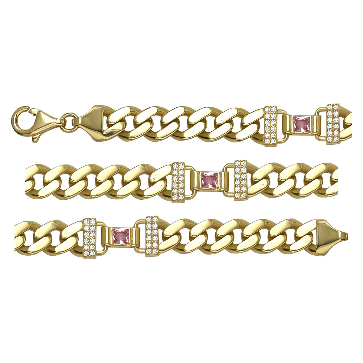 Solid gold curb bracelet, 12.60 g — shown in three rows across the frame.