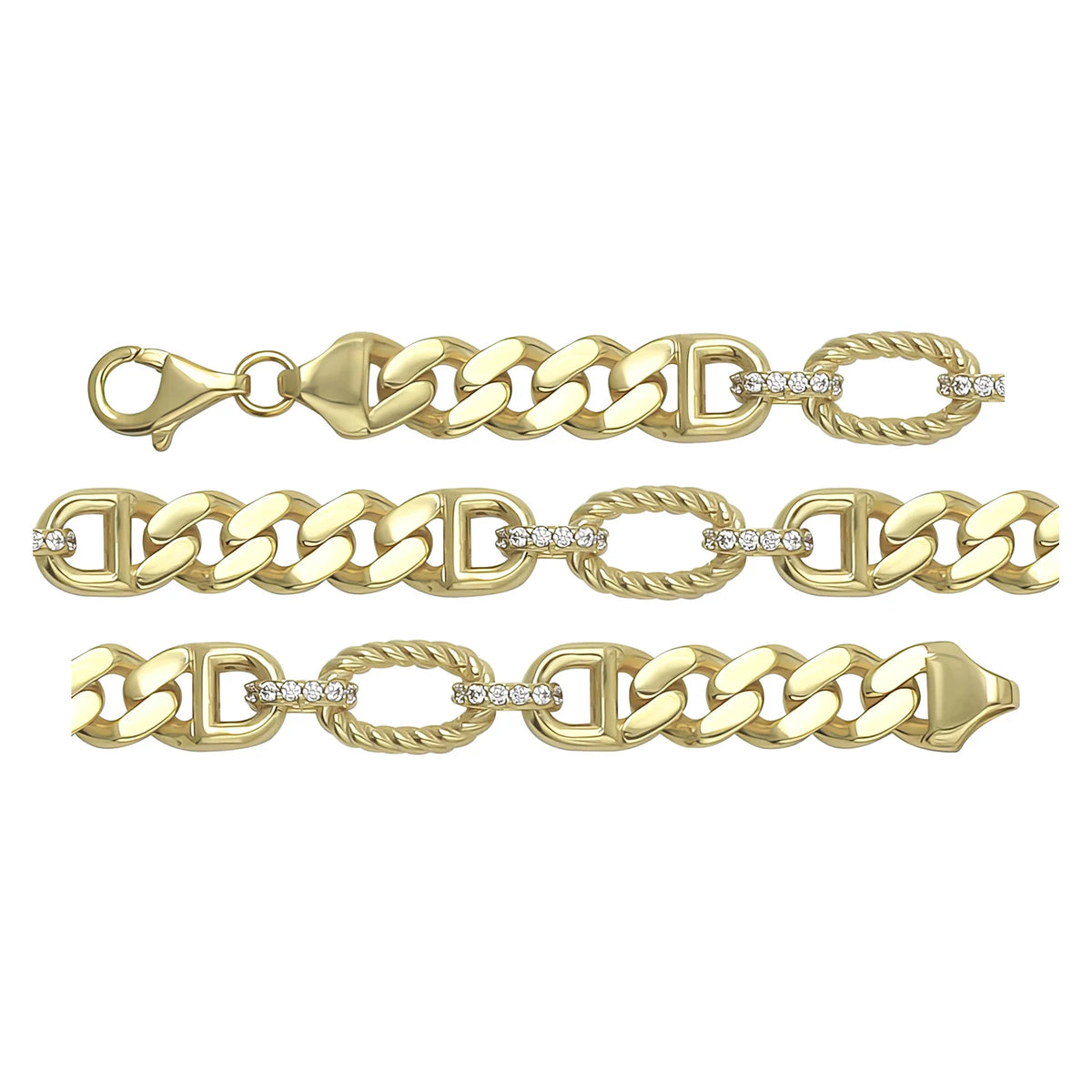 Solid gold curb bracelet, 13.05 g — shown in three rows across the frame.