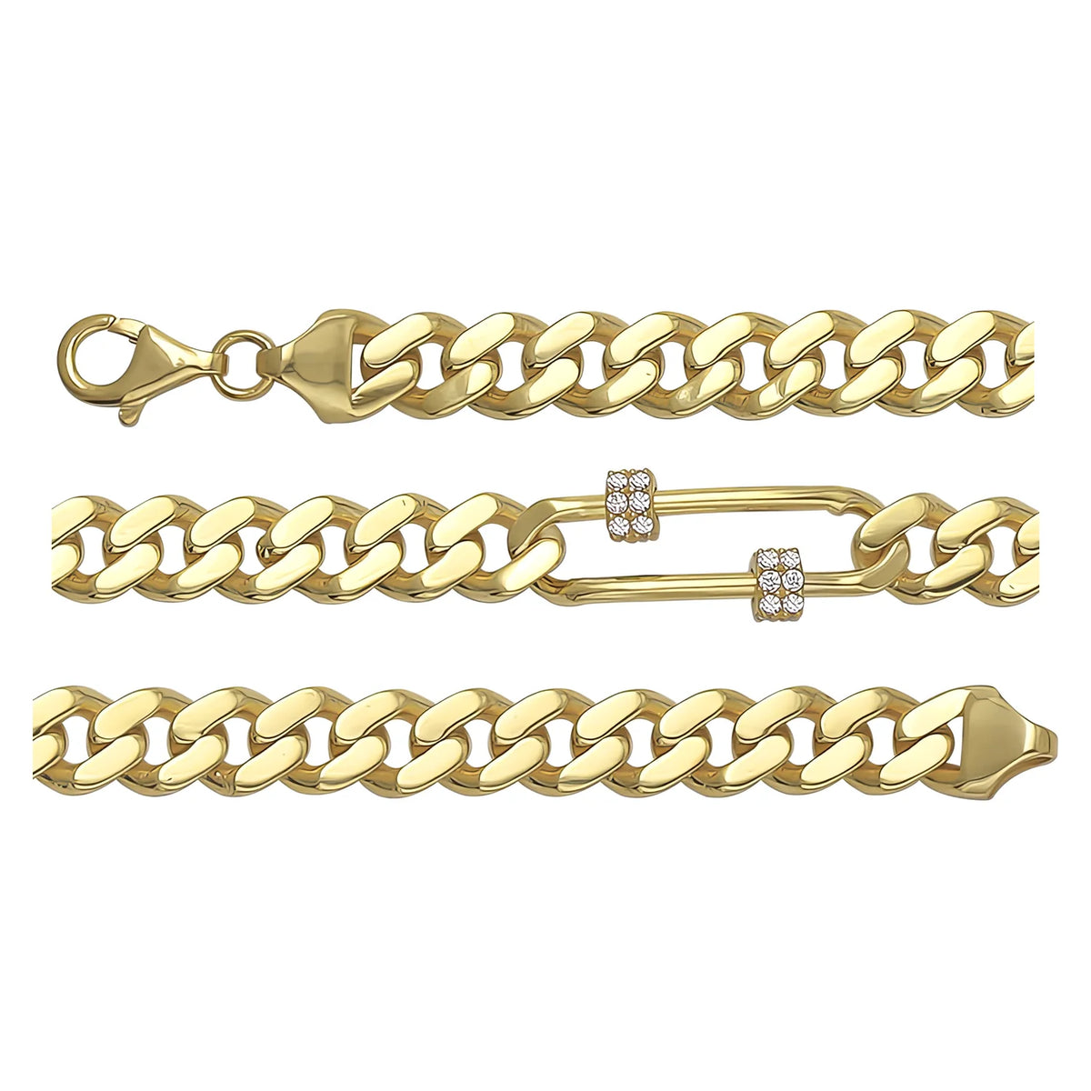 Solid gold curb bracelet, 11.10 g — shown in three rows across the frame.