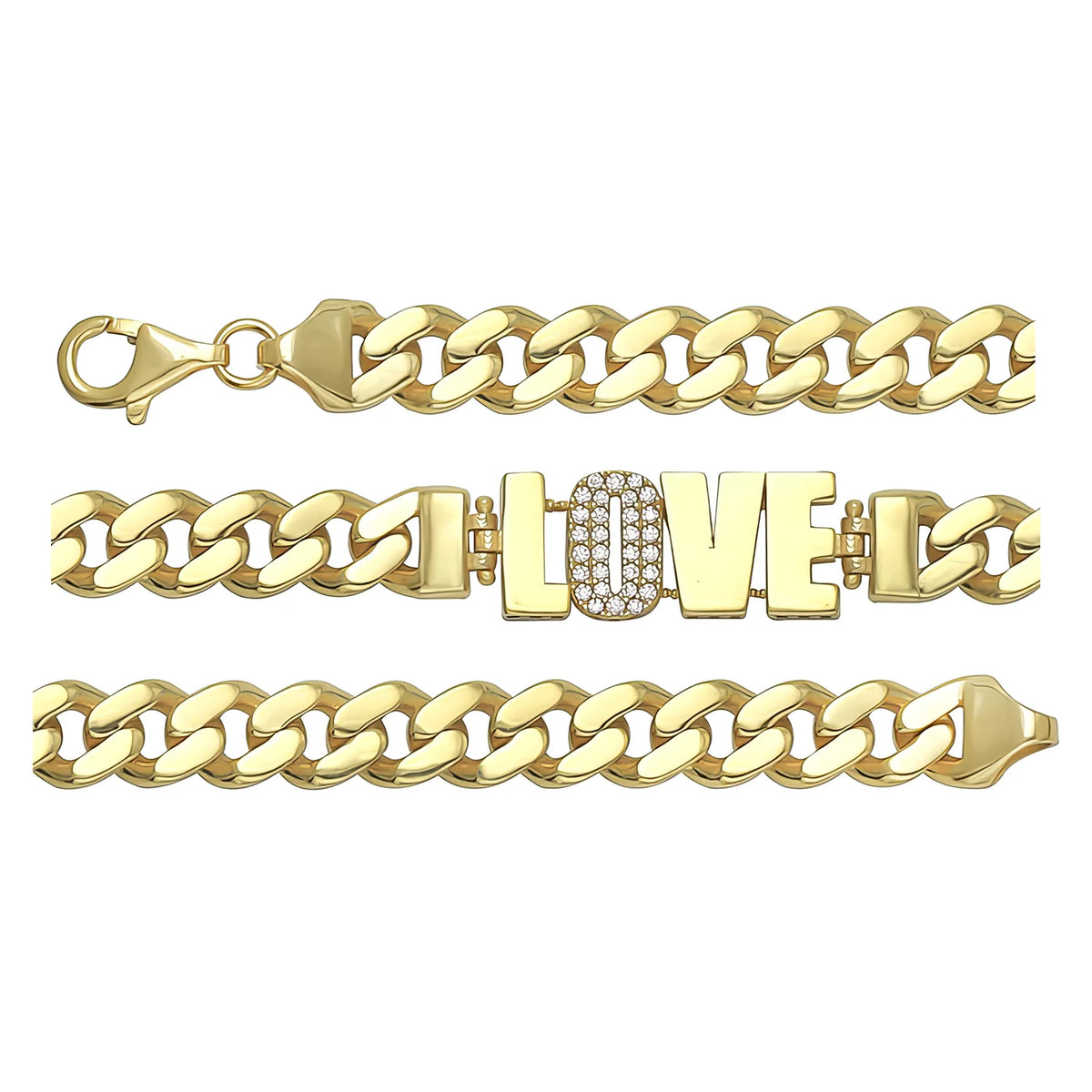 Solid gold curb bracelet, 12.45 g — shown in three rows across the frame.