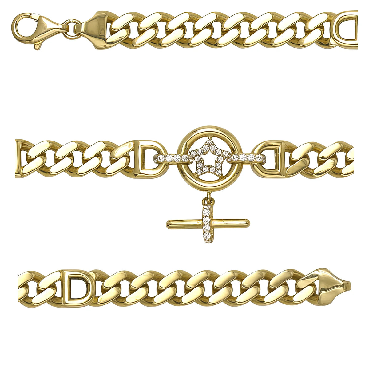 Solid gold curb bracelet, 13.55 g — shown in three rows across the frame.