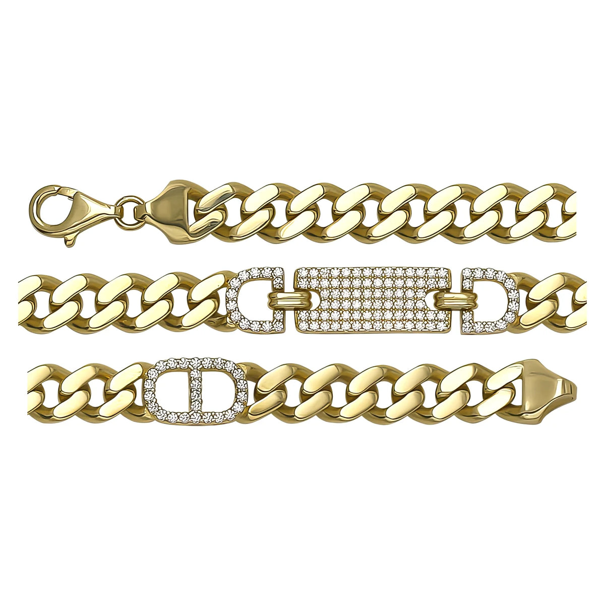 Solid gold id bracelet, 11.70 g — shown in three rows across the frame.