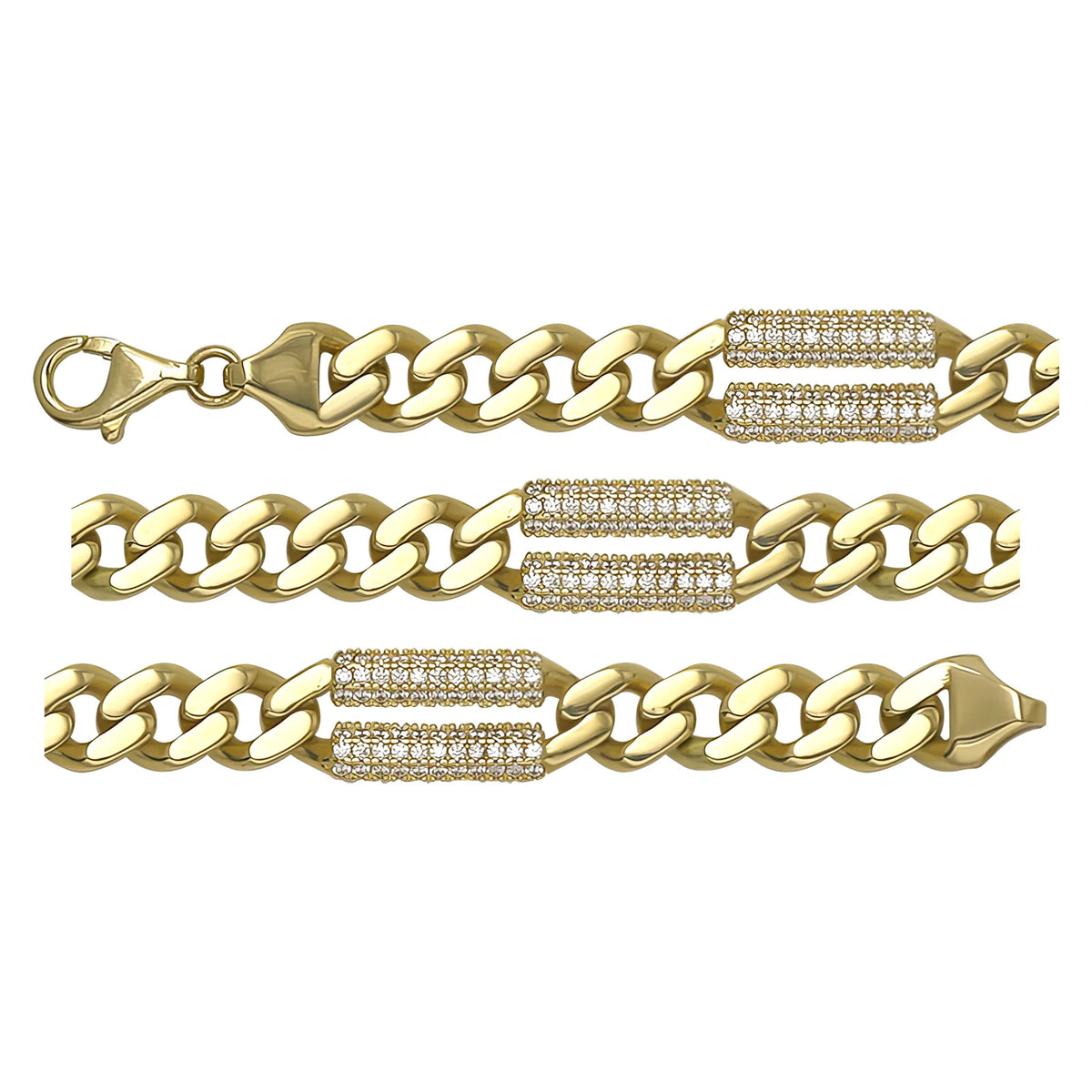 Solid gold curb bracelet, 12.20 g — shown in three rows across the frame.