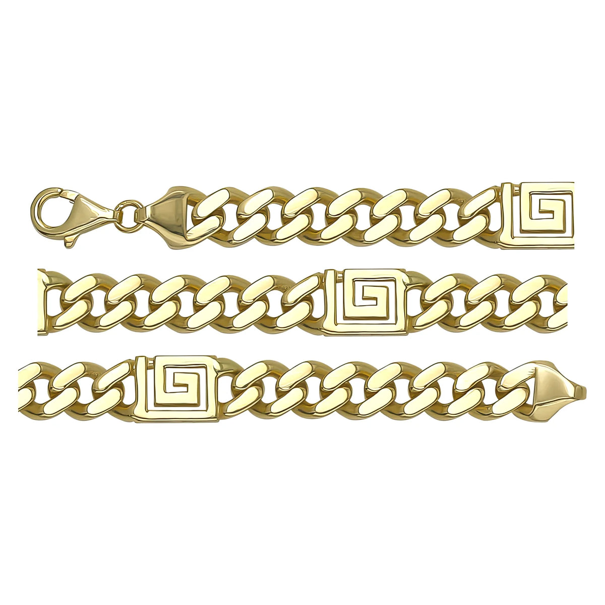 Solid gold curb bracelet, 13.25 g — shown in three rows across the frame.