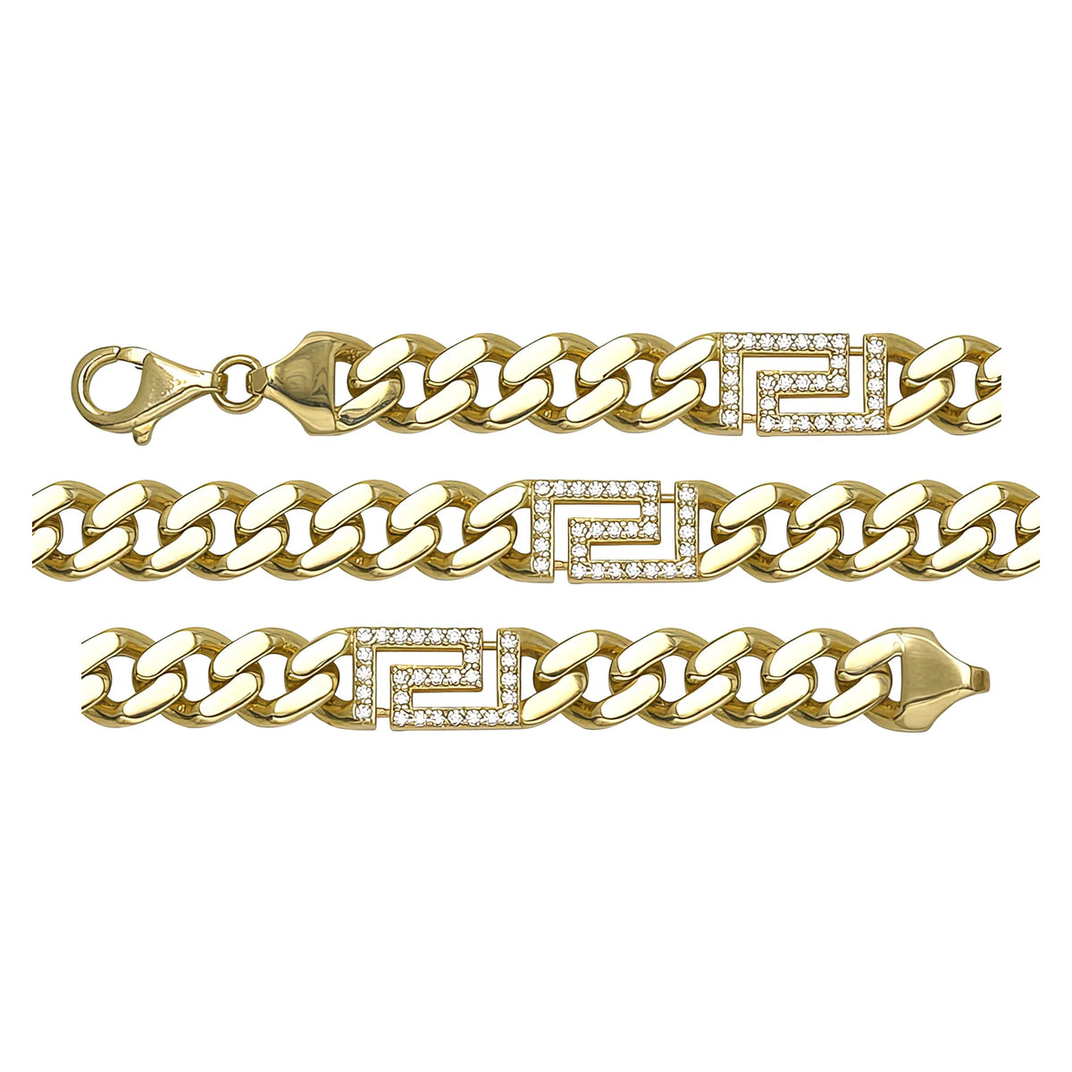 Solid gold curb bracelet, 12.95 g — shown in three rows across the frame.