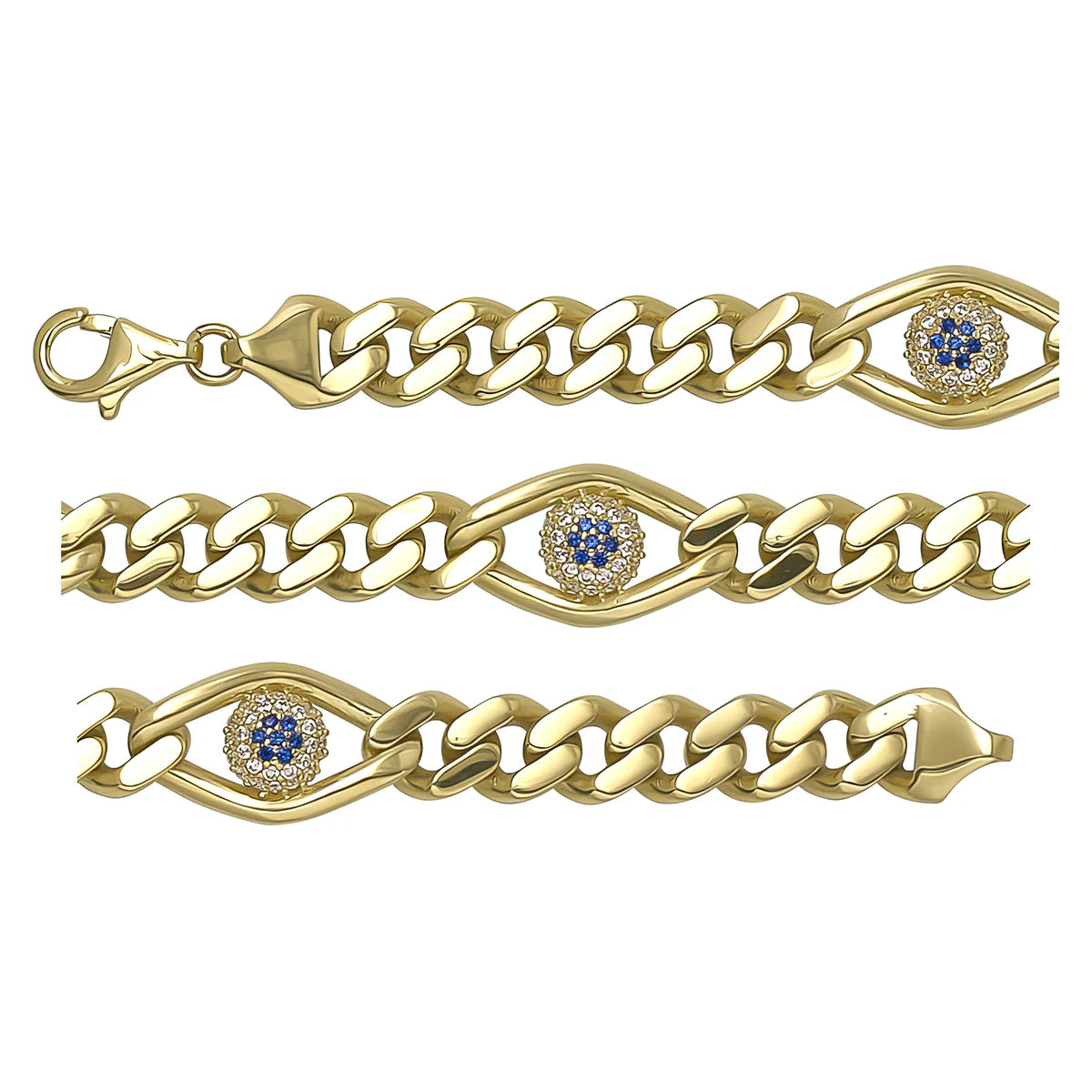 Solid gold curb bracelet, 13.85 g — shown in three rows across the frame.