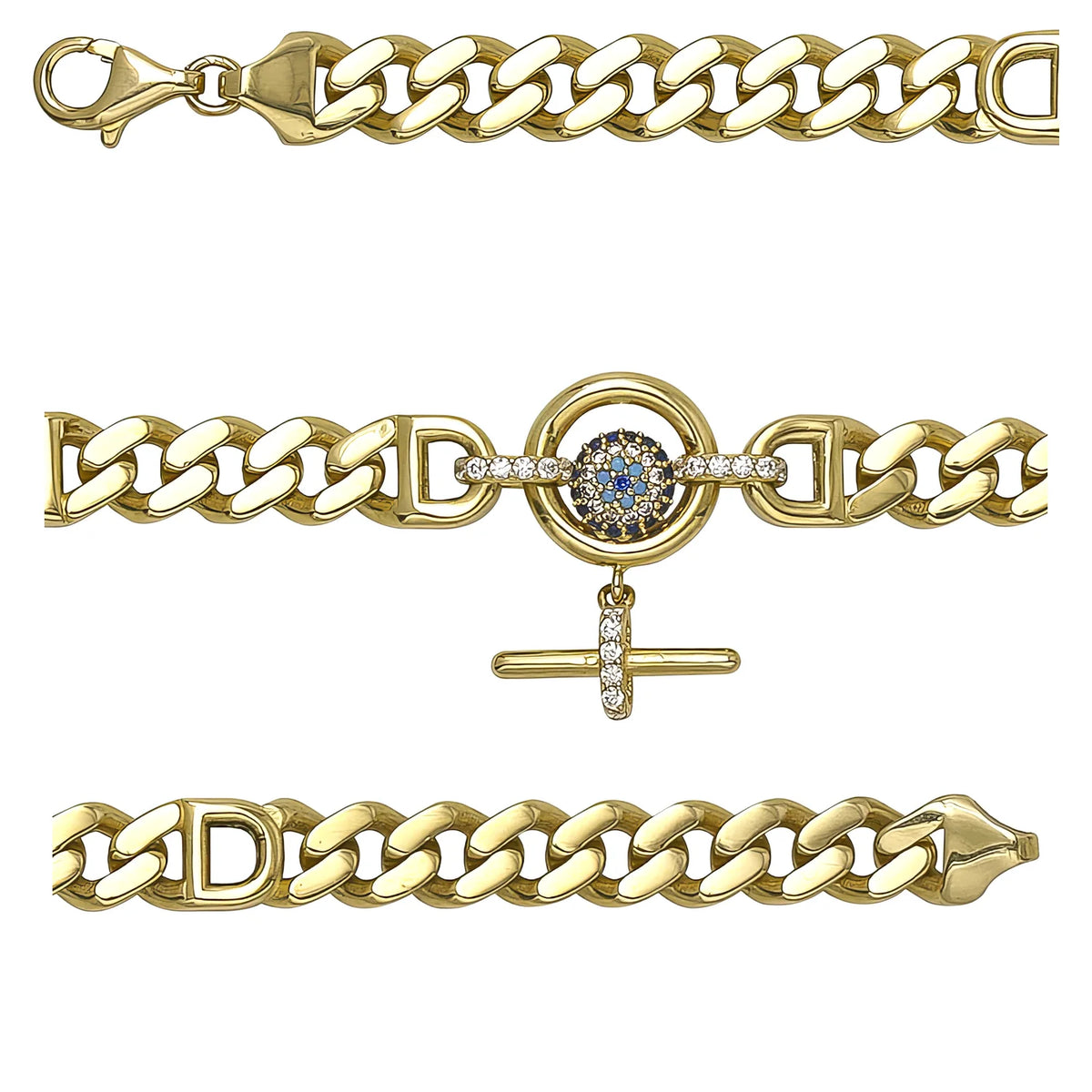 Solid gold curb bracelet, 13.35 g — shown in three rows across the frame.