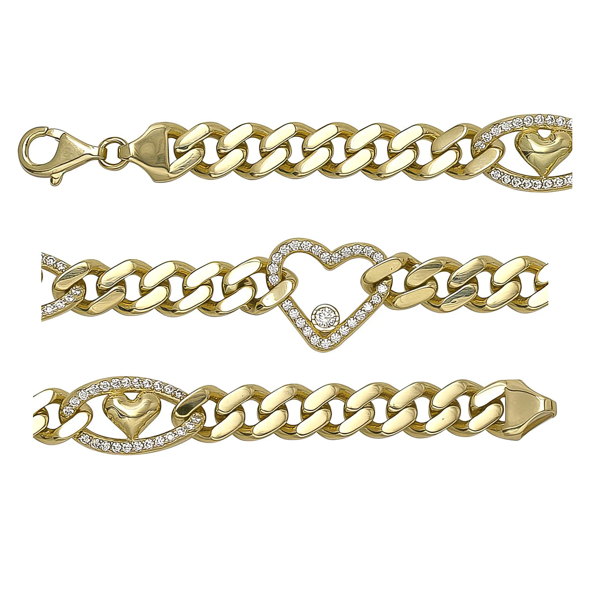 Solid gold curb bracelet, 12.45 g — shown in three rows across the frame.