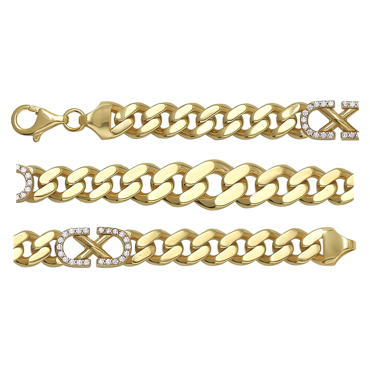 Solid gold curb bracelet, 13.60 g — shown in three rows across the frame.