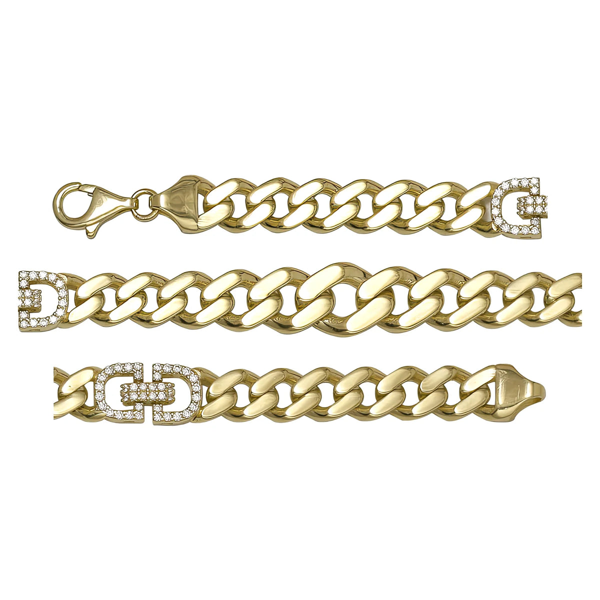 Solid gold curb bracelet, 12.35 g — shown in three rows across the frame.