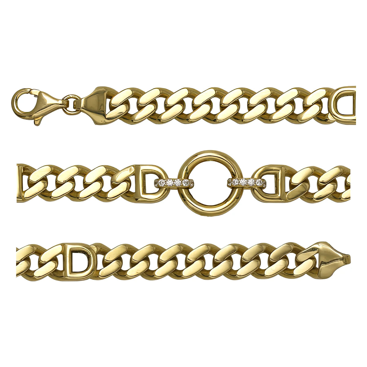 Solid gold curb bracelet, 13.22 g — shown in three rows across the frame.