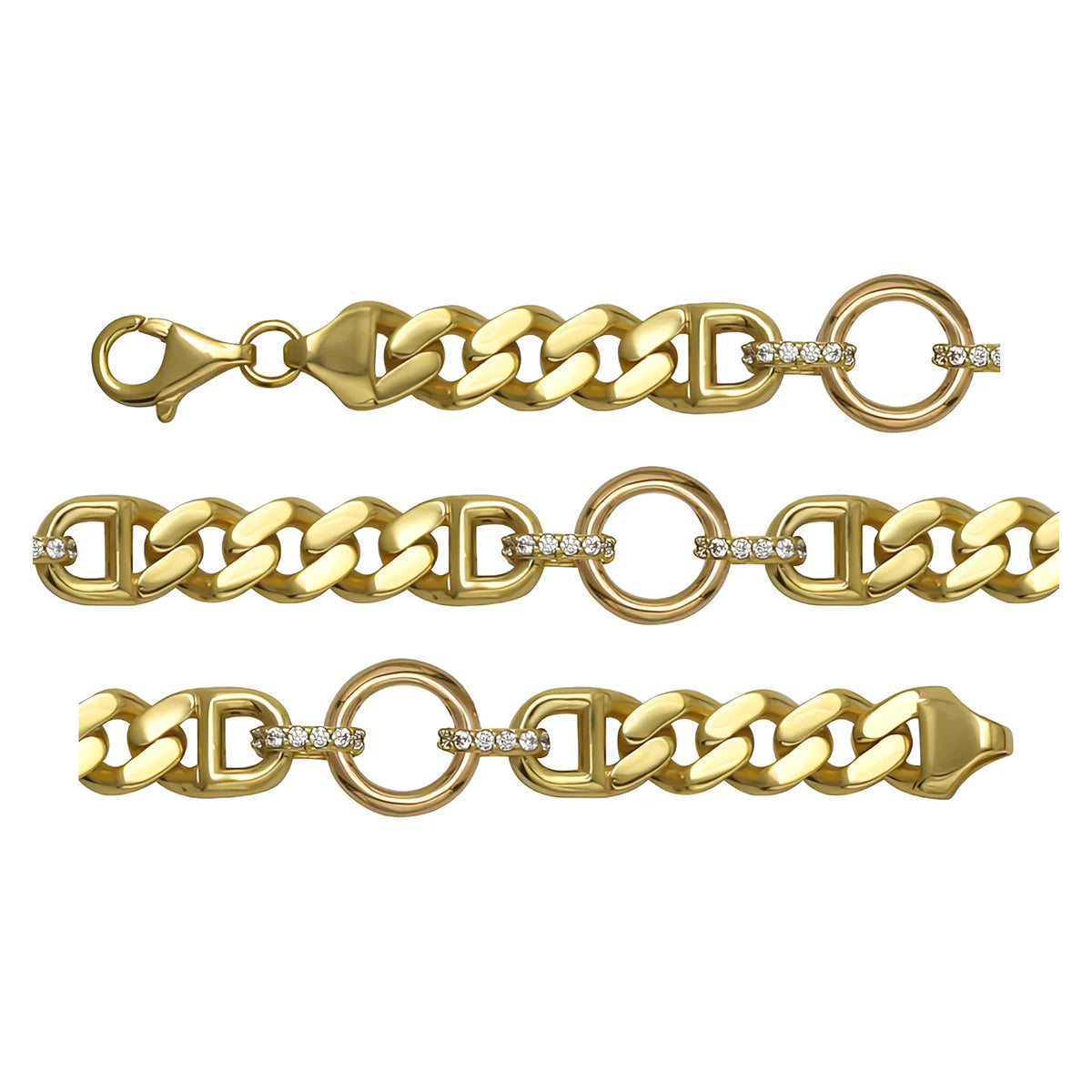 Solid gold curb bracelet, 15.74 g — shown in three rows across the frame.