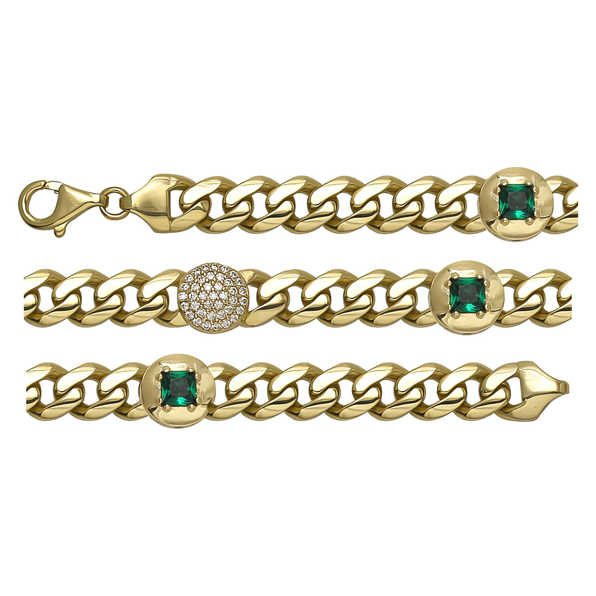 Solid gold curb bracelet, 13.50 g — shown in three rows across the frame.