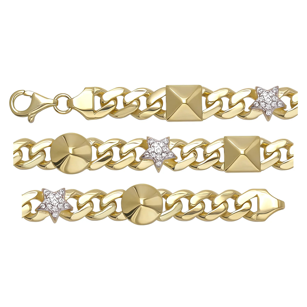 Solid gold curb bracelet, 11.85 g — shown in three rows across the frame.