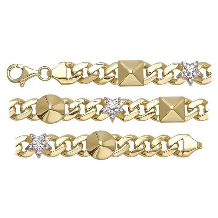 Solid gold curb bracelet, 11.85 g — shown in three rows across the frame.