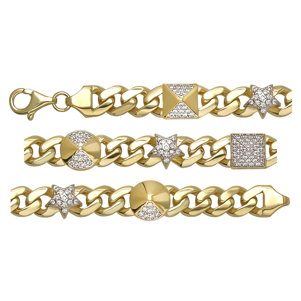 Solid gold curb bracelet, 11.05 g — shown in three rows across the frame.