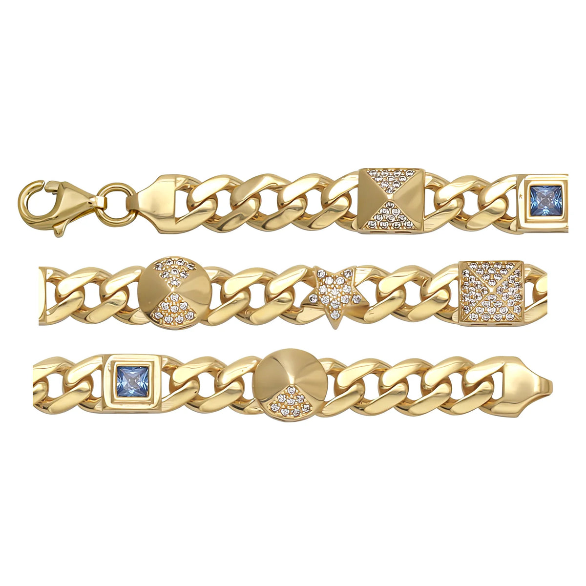 Solid gold curb bracelet, 11.45 g — shown in three rows across the frame.
