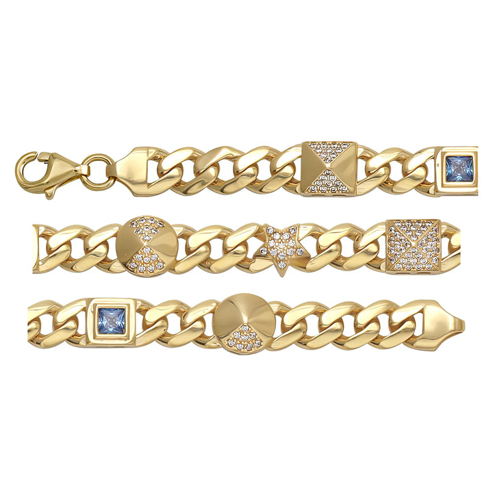 Solid gold curb bracelet, 11.45 g — shown in three rows across the frame.