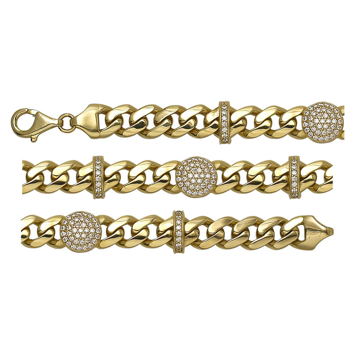 Solid gold curb bracelet, 13.65 g — shown in three rows across the frame.