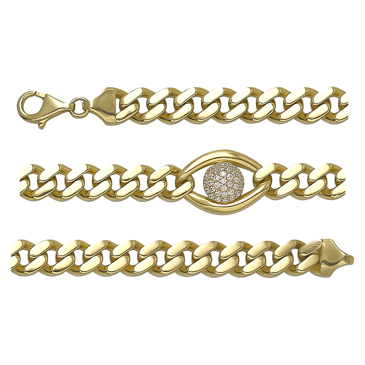 Solid gold curb bracelet, 12.20 g — shown in three rows across the frame.