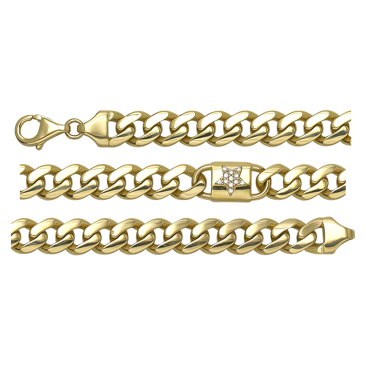 Solid gold curb bracelet, 11.44 g — shown in three rows across the frame.