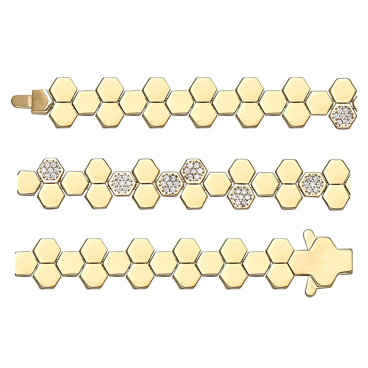 Solid gold honeycomb bracelet, 11.55 g — shown in three rows across the frame.