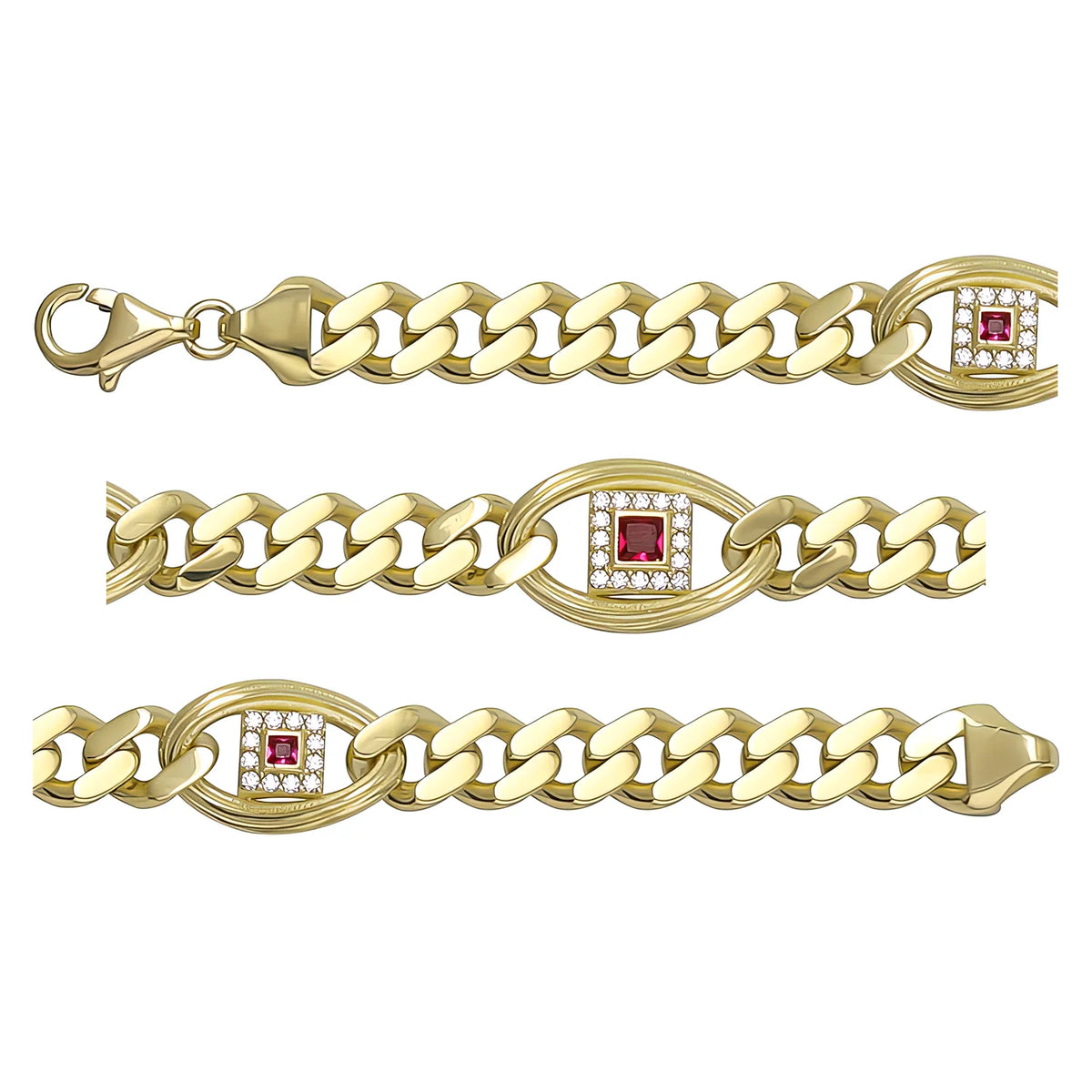 Solid gold curb bracelet, 14.00 g — shown in three rows across the frame.