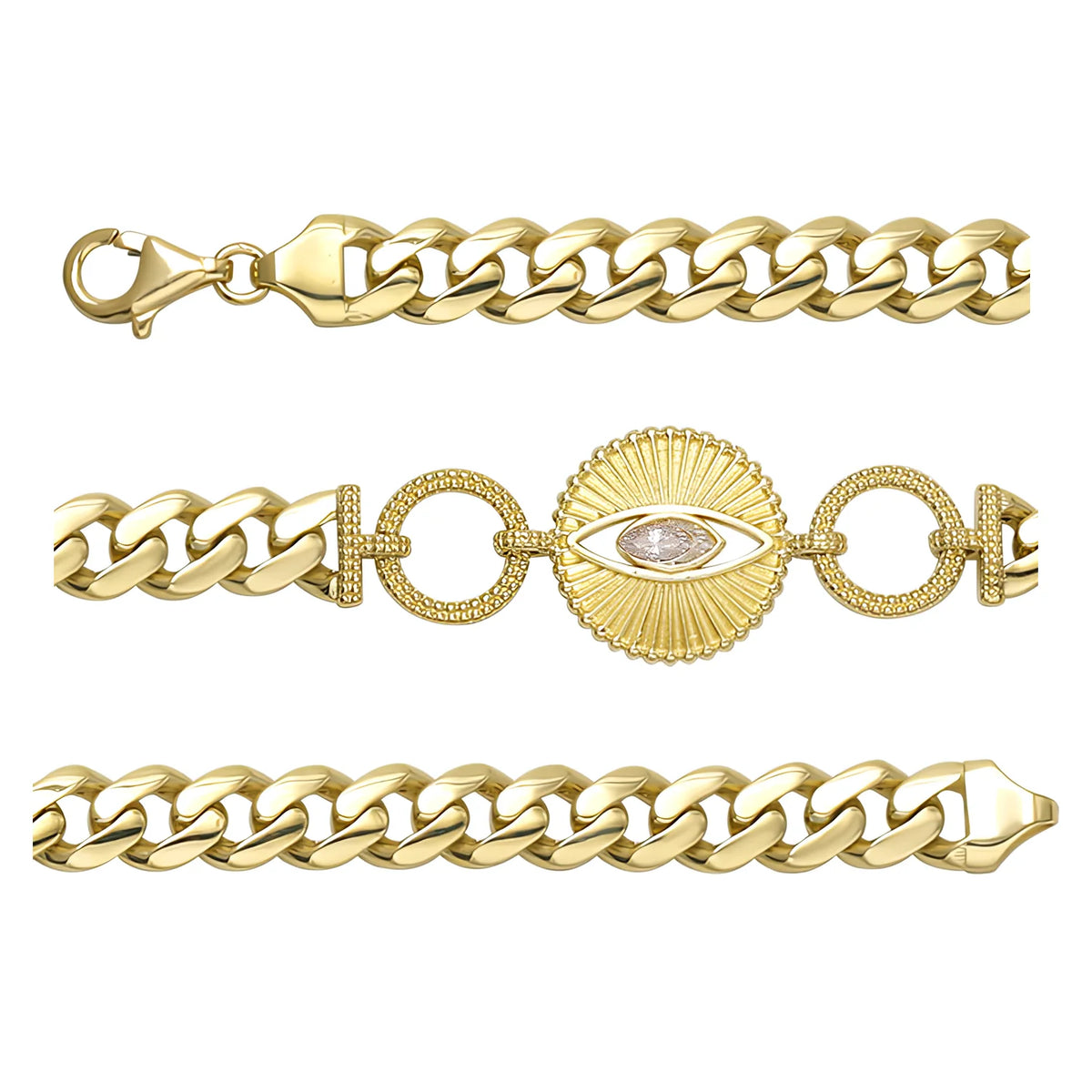 Solid gold curb bracelet, 11.51 g — shown in three rows across the frame.