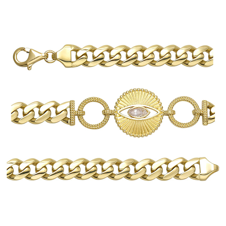 Solid gold curb bracelet, 11.51 g — shown in three rows across the frame.
