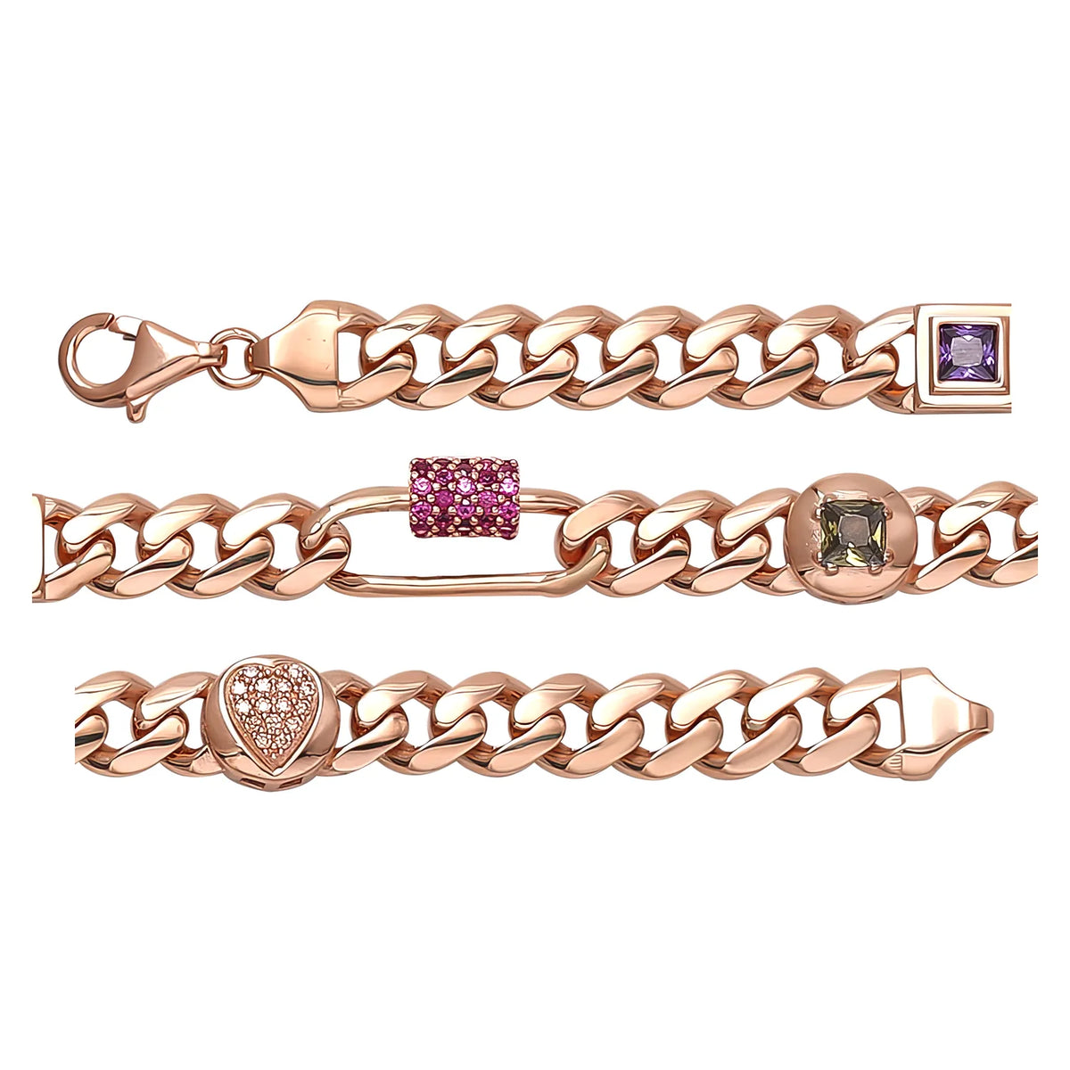 Solid gold curb bracelet, 10.06 g — shown in three rows across the frame.