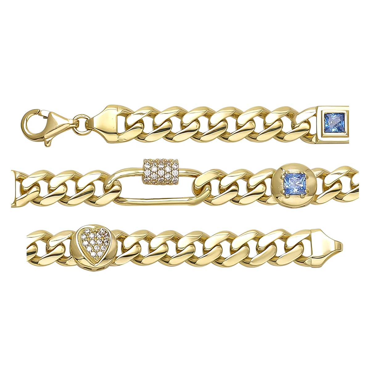 Solid gold curb bracelet, 10.03 g — shown in three rows across the frame.