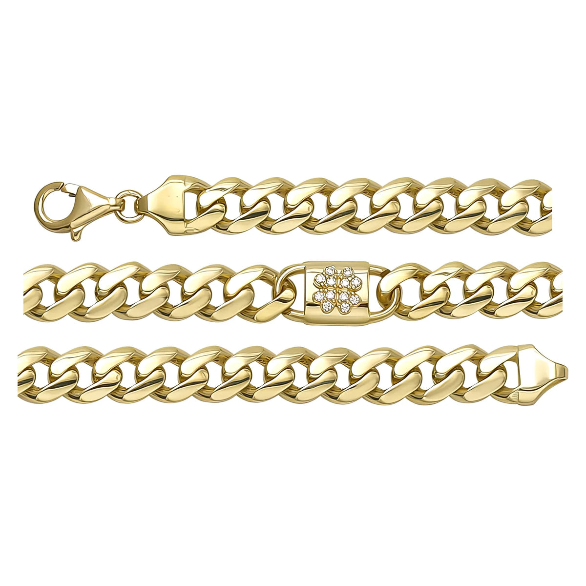 Solid gold curb bracelet, 8.26 g — shown in three rows across the frame.
