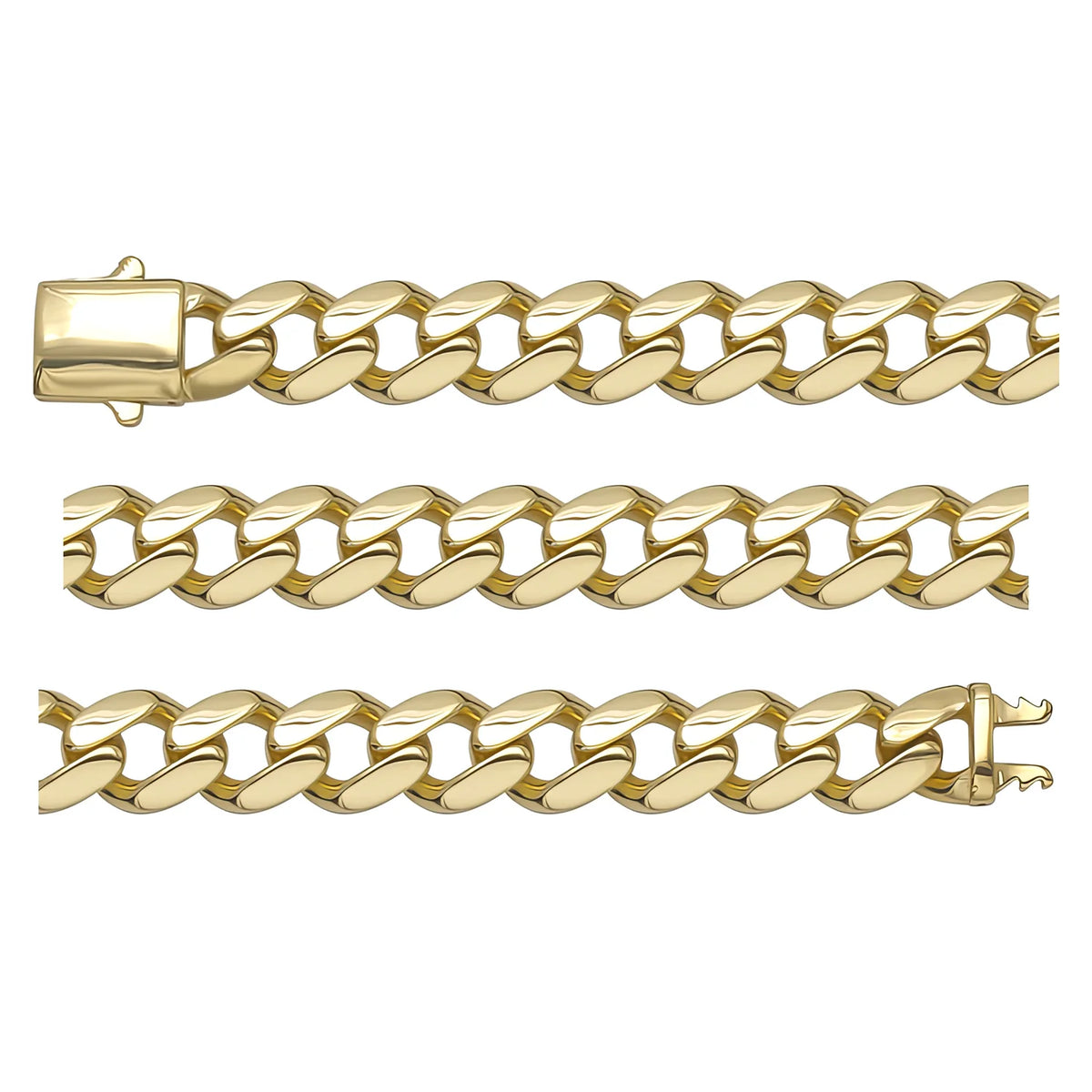 Solid gold curb bracelet, 16.46 g — shown in three rows across the frame.