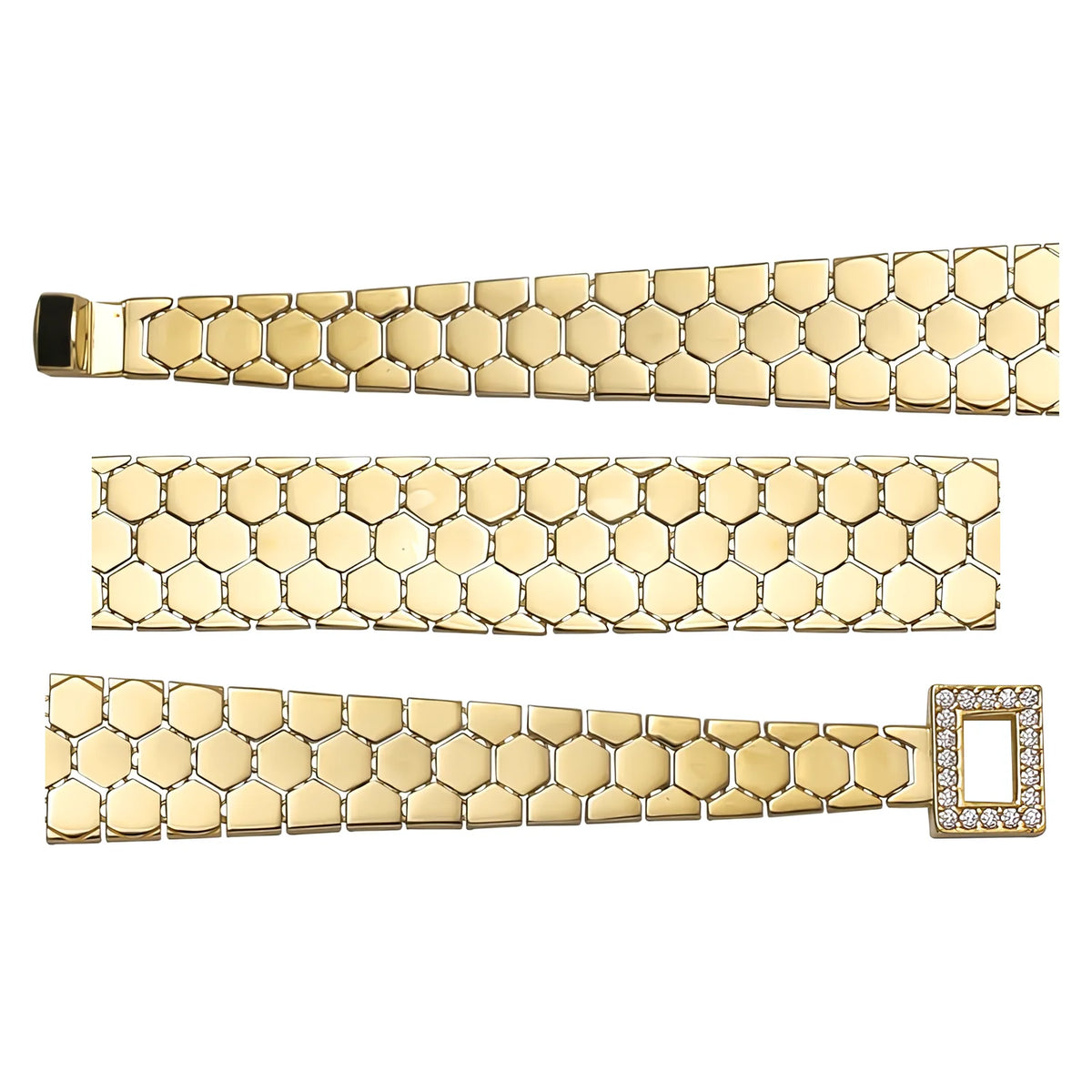 Solid gold honeycomb bracelet, 11.08 g — shown in three rows across the frame.